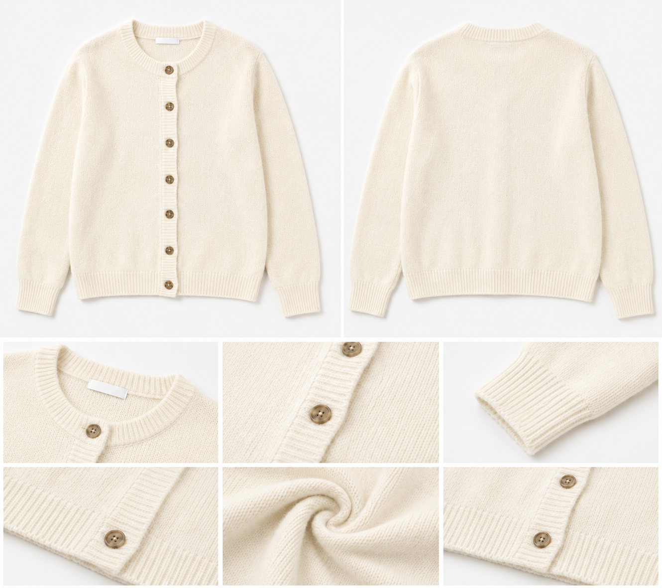 Off-White Soft Knit Cardigan Sweater with Full Sleeves, Button Front & Round Neck