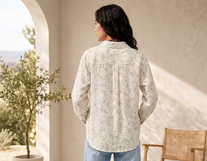 100% Linen Floral Printed Loose Fit Shirt with Full Sleeves & Button Front – Cream