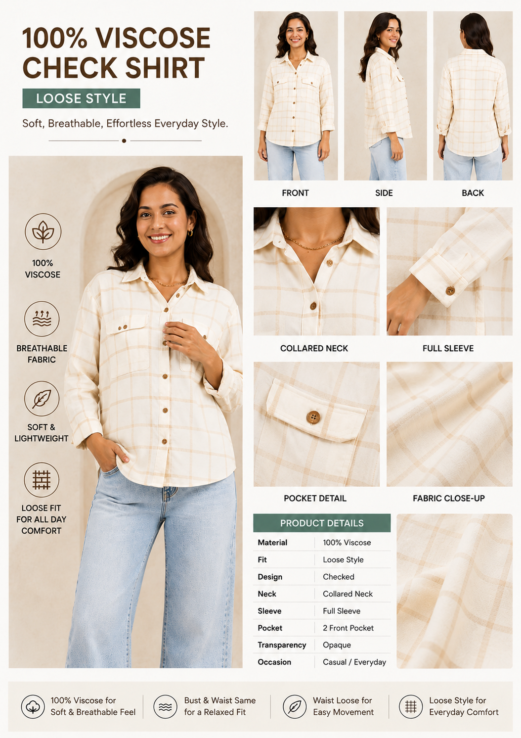 100% Linen Floral Printed Loose Fit Shirt with Full Sleeves & Button Front – Cream