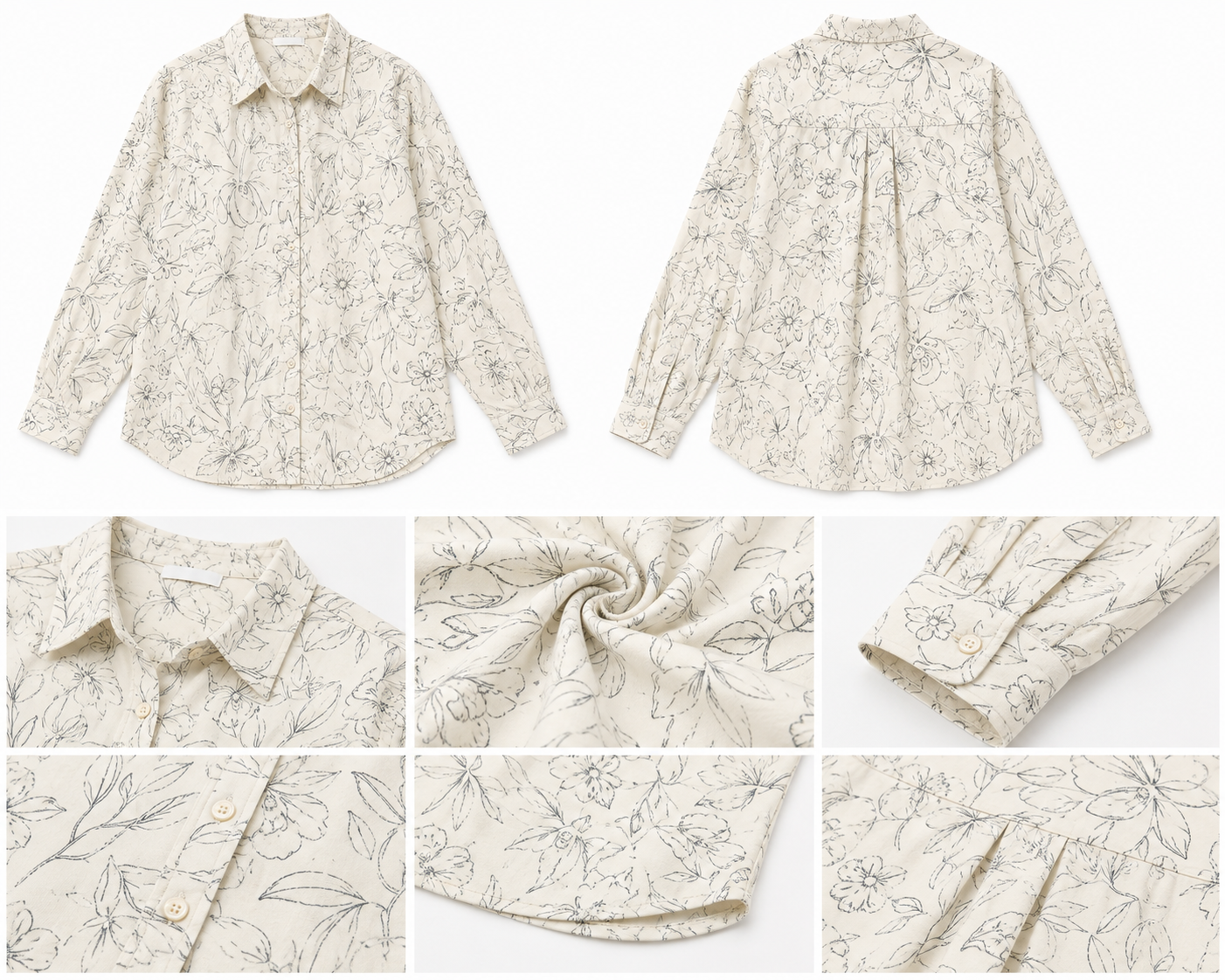 100% Linen Floral Printed Loose Fit Shirt with Full Sleeves & Button Front – Cream