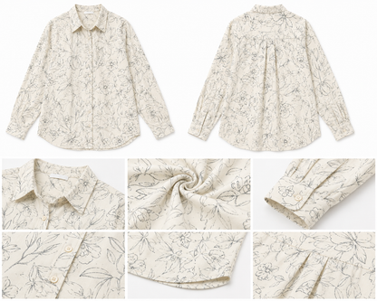 100% Linen Floral Printed Loose Fit Shirt with Full Sleeves & Button Front – Cream