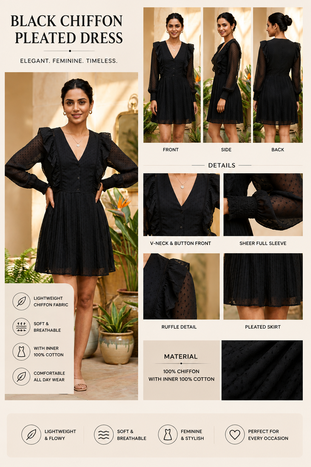Black Chiffon Pleated Dress with Ruffle Details, V-Neck Button Front, Full Sleeves & Cotton Inner
