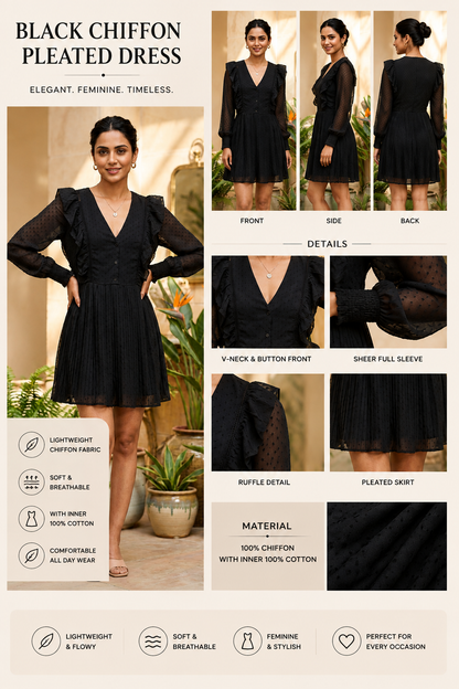Black Chiffon Pleated Dress with Ruffle Details, V-Neck Button Front, Full Sleeves & Cotton Inner