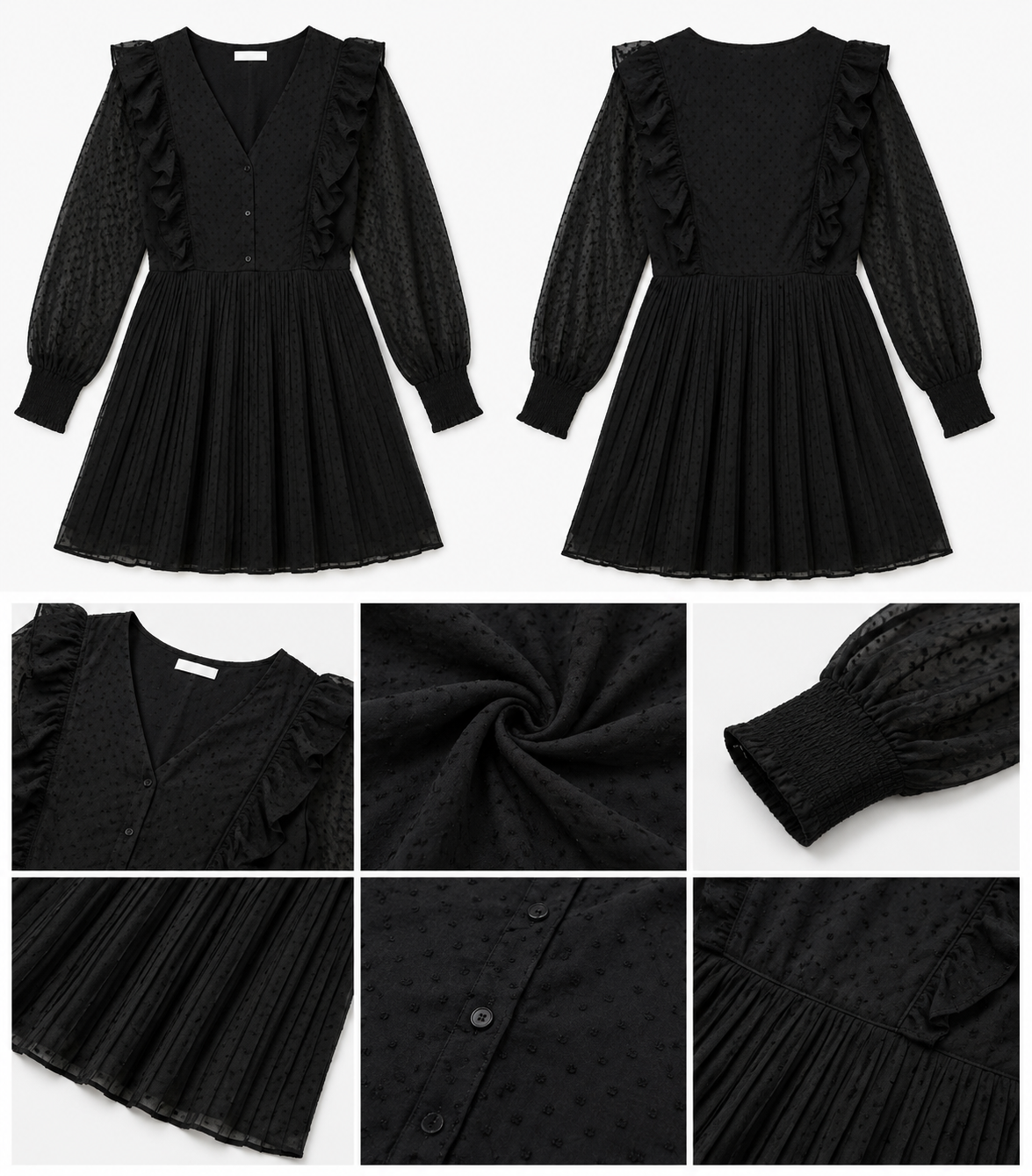 Black Chiffon Pleated Dress with Ruffle Details, V-Neck Button Front, Full Sleeves & Cotton Inner