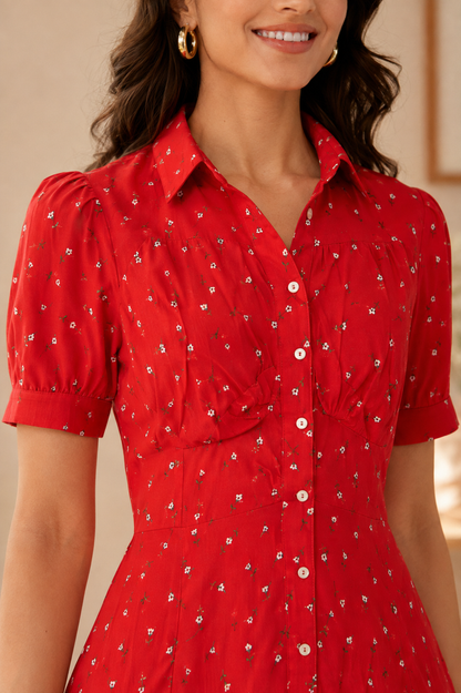Red Printed Shirt Style Mini Dress with 2 Side Pockets, Short Sleeves & Loose Fit