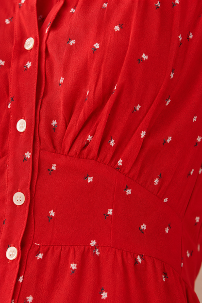 Red Printed Shirt Style Mini Dress with 2 Side Pockets, Short Sleeves & Loose Fit
