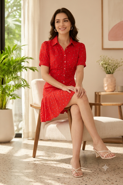 Red Printed Shirt Style Mini Dress with 2 Side Pockets, Short Sleeves & Loose Fit