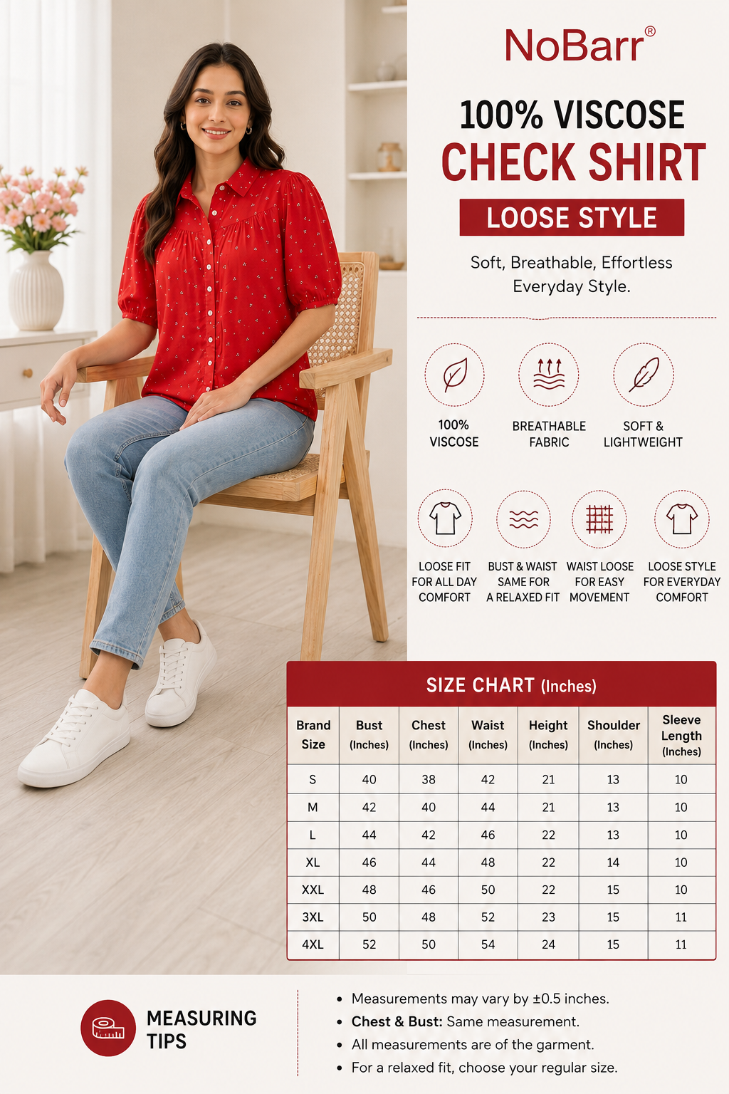 Red Printed Shirt Style Top with Collared Neck, Short Puff Sleeves, Button Front & Relaxed Loose Fit