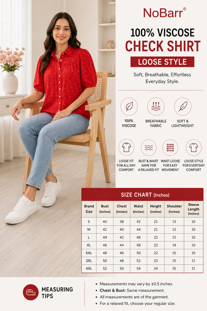 Red Printed Shirt Style Top with Collared Neck, Short Puff Sleeves, Button Front & Relaxed Loose Fit