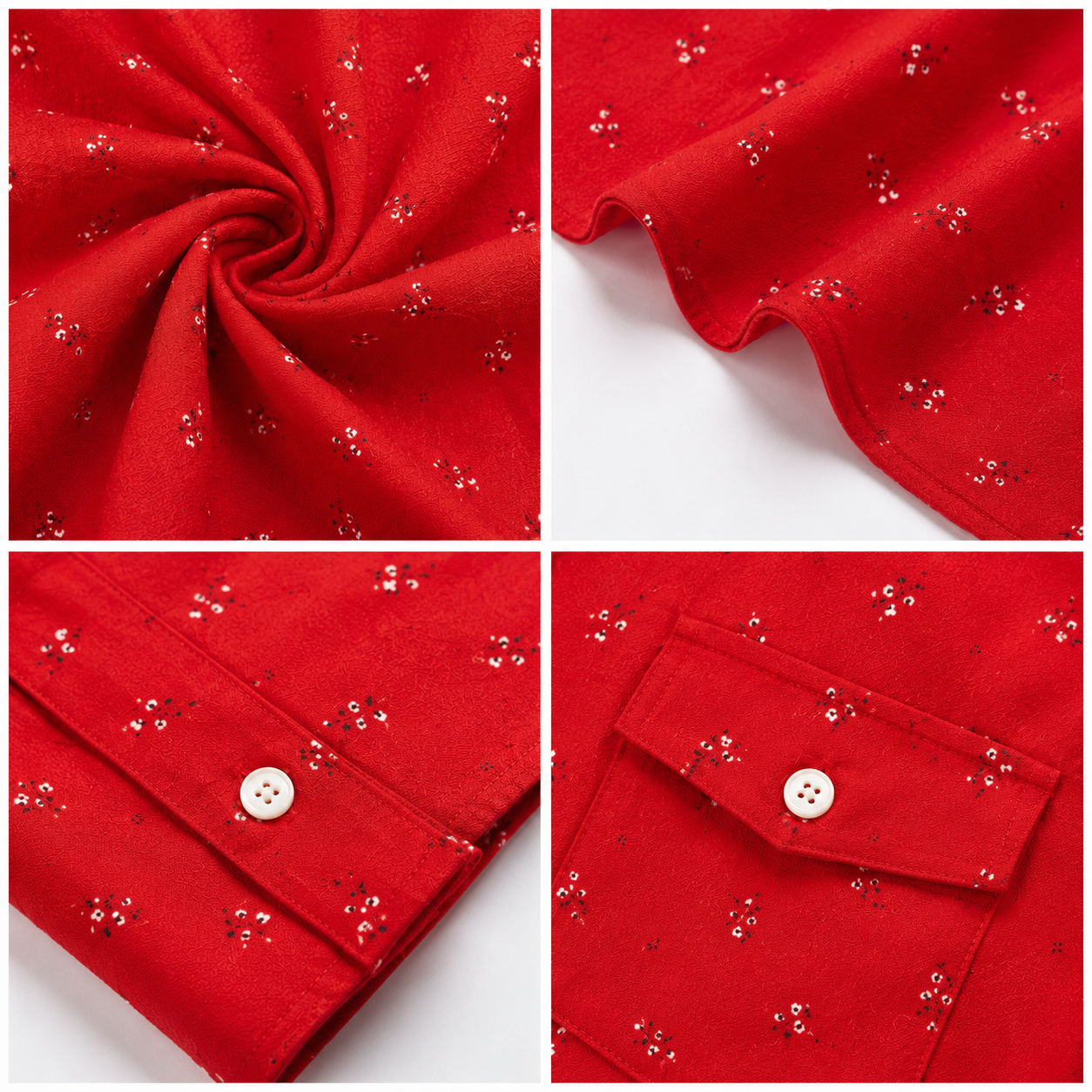 Red Printed Shirt Style Top with Collared Neck, Short Puff Sleeves, Button Front & Relaxed Loose Fit