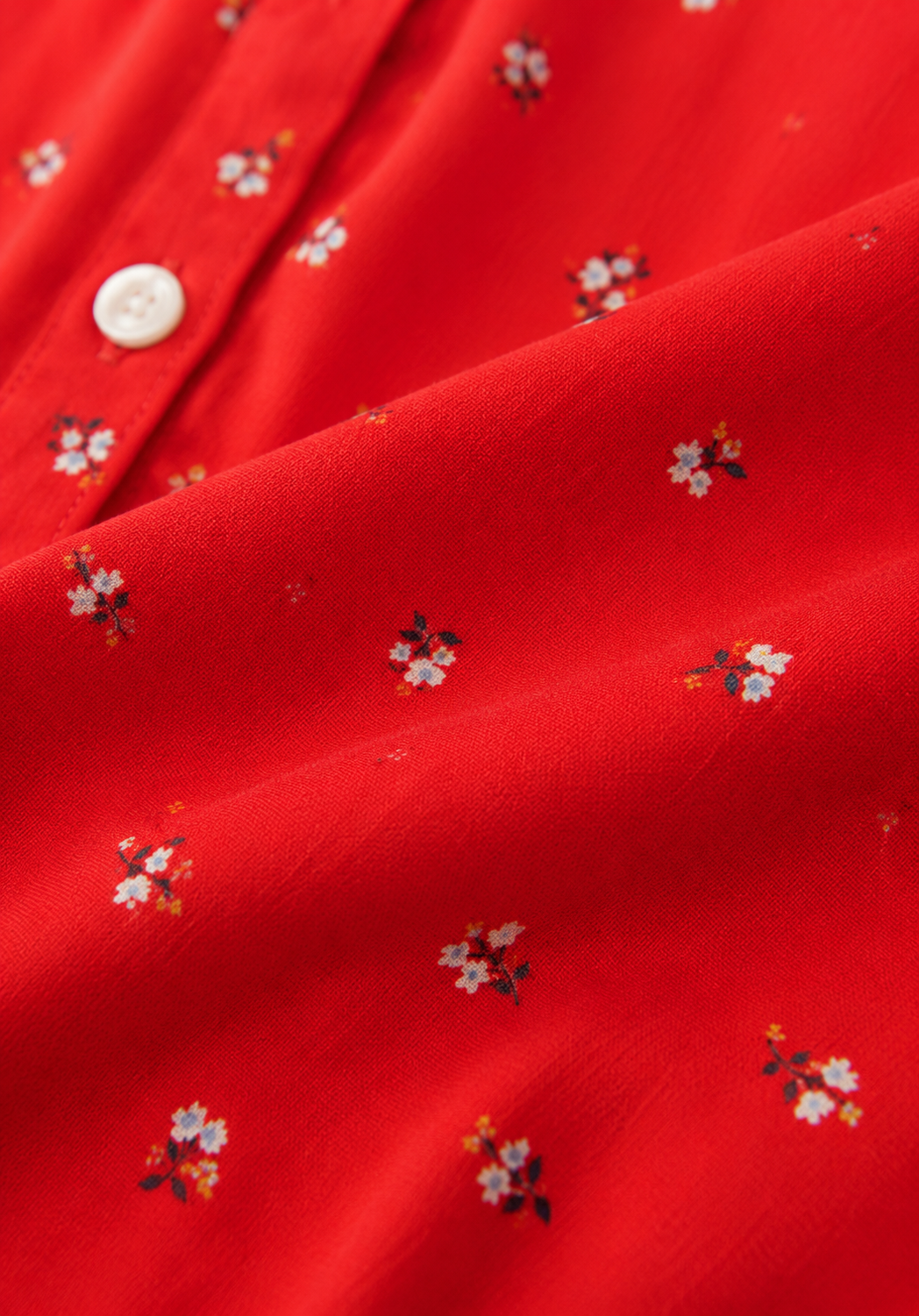 Red Printed Shirt Style Top with Collared Neck, Short Puff Sleeves, Button Front & Relaxed Loose Fit