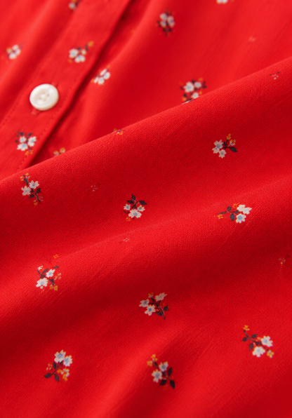 Red Printed Shirt Style Top with Collared Neck, Short Puff Sleeves, Button Front & Relaxed Loose Fit
