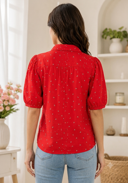 Red Printed Shirt Style Top with Collared Neck, Short Puff Sleeves, Button Front & Relaxed Loose Fit