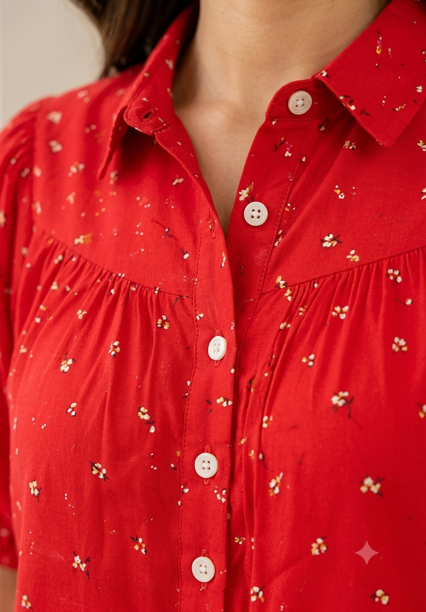 Red Printed Shirt Style Top with Collared Neck, Short Puff Sleeves, Button Front & Relaxed Loose Fit