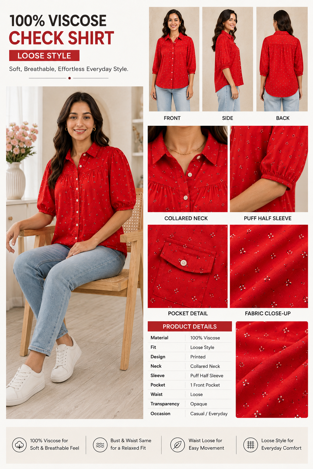 Red Printed Shirt Style Top with Collared Neck, Short Puff Sleeves, Button Front & Relaxed Loose Fit