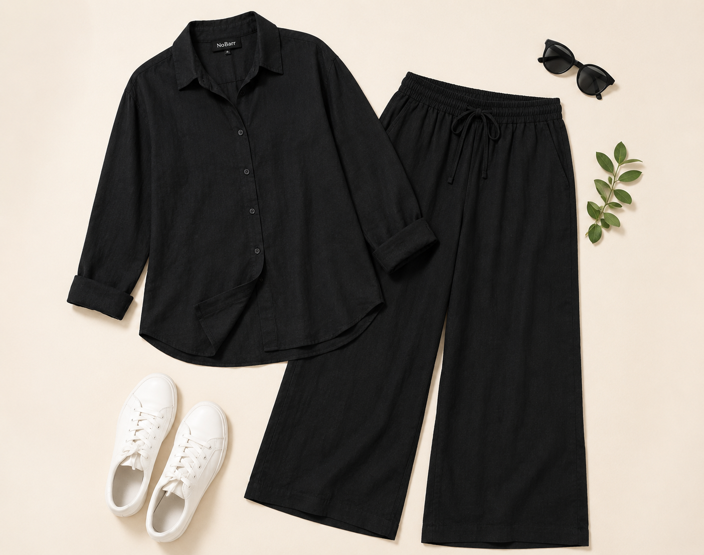 Black 100% Linen Shirt & Wide Leg Pant Co-Ord Set | Loose Fit Casual 2-Piece Outfit with 2 Side Pockets