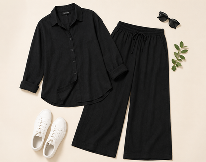 Black 100% Linen Shirt & Wide Leg Pant Co-Ord Set | Loose Fit Casual 2-Piece Outfit with 2 Side Pockets