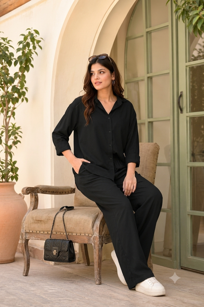 Black 100% Linen Shirt & Wide Leg Pant Co-Ord Set | Loose Fit Casual 2-Piece Outfit with 2 Side Pockets