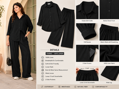 Black 100% Linen Shirt & Wide Leg Pant Co-Ord Set | Loose Fit Casual 2-Piece Outfit with 2 Side Pockets