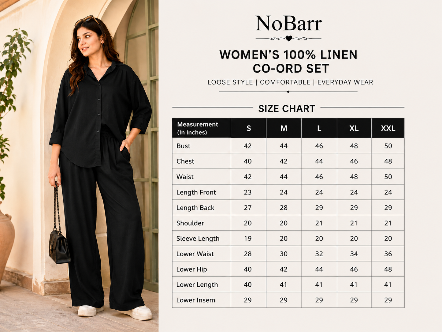 Black 100% Linen Shirt & Wide Leg Pant Co-Ord Set | Loose Fit Casual 2-Piece Outfit with 2 Side Pockets