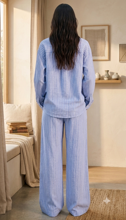 100% Linen Striped Shirt & Wide Leg Pant Co-Ord Set, Loose Fit Casual Lounge Wear Set