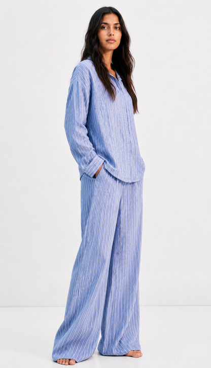 100% Linen Striped Shirt & Wide Leg Pant Co-Ord Set, Loose Fit Casual Lounge Wear Set
