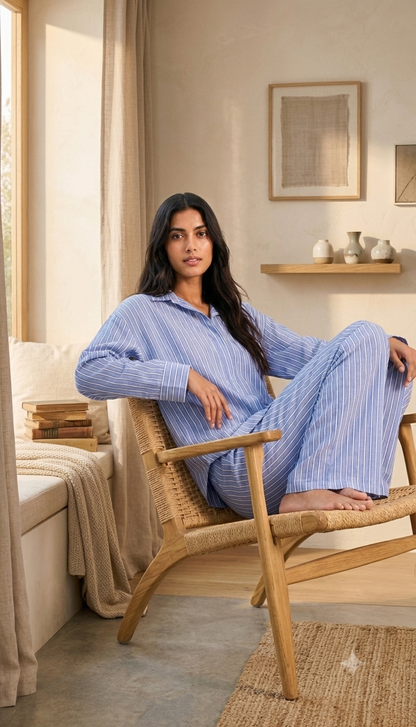 100% Linen Striped Shirt & Wide Leg Pant Co-Ord Set, Loose Fit Casual Lounge Wear Set