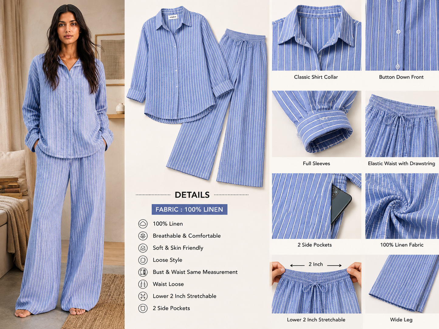 100% Linen Striped Shirt & Wide Leg Pant Co-Ord Set, Loose Fit Casual Lounge Wear Set