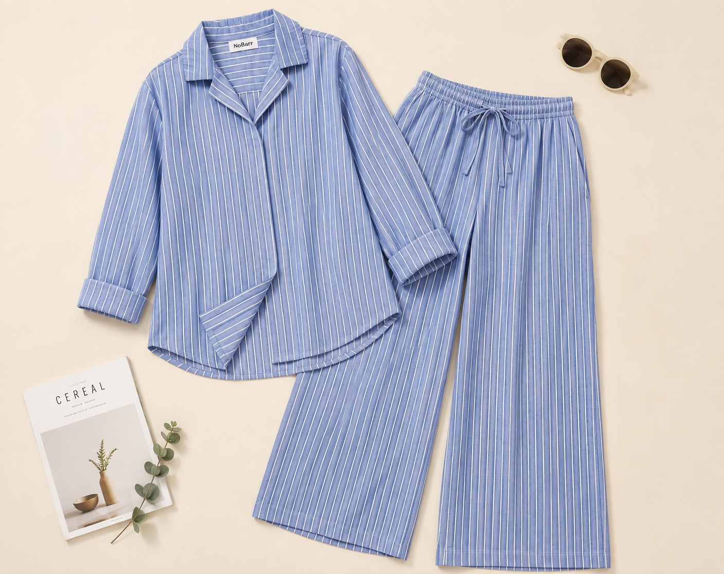 100% Linen Striped Shirt & Wide Leg Pant Co-Ord Set, Loose Fit Casual Lounge Wear Set