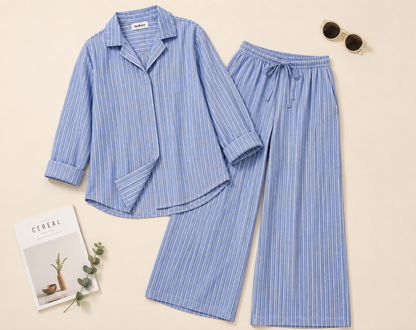 100% Linen Striped Shirt & Wide Leg Pant Co-Ord Set, Loose Fit Casual Lounge Wear Set