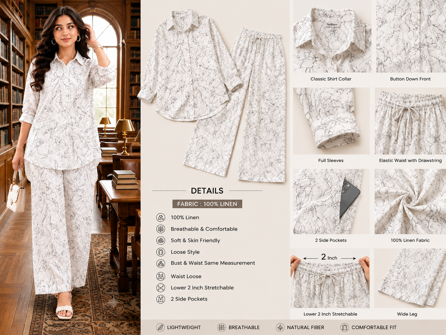 100% Linen Floral Printed Shirt & Wide Leg Pant Co-Ord Set, Loose Fit Casual Wear, 2 Side Pockets