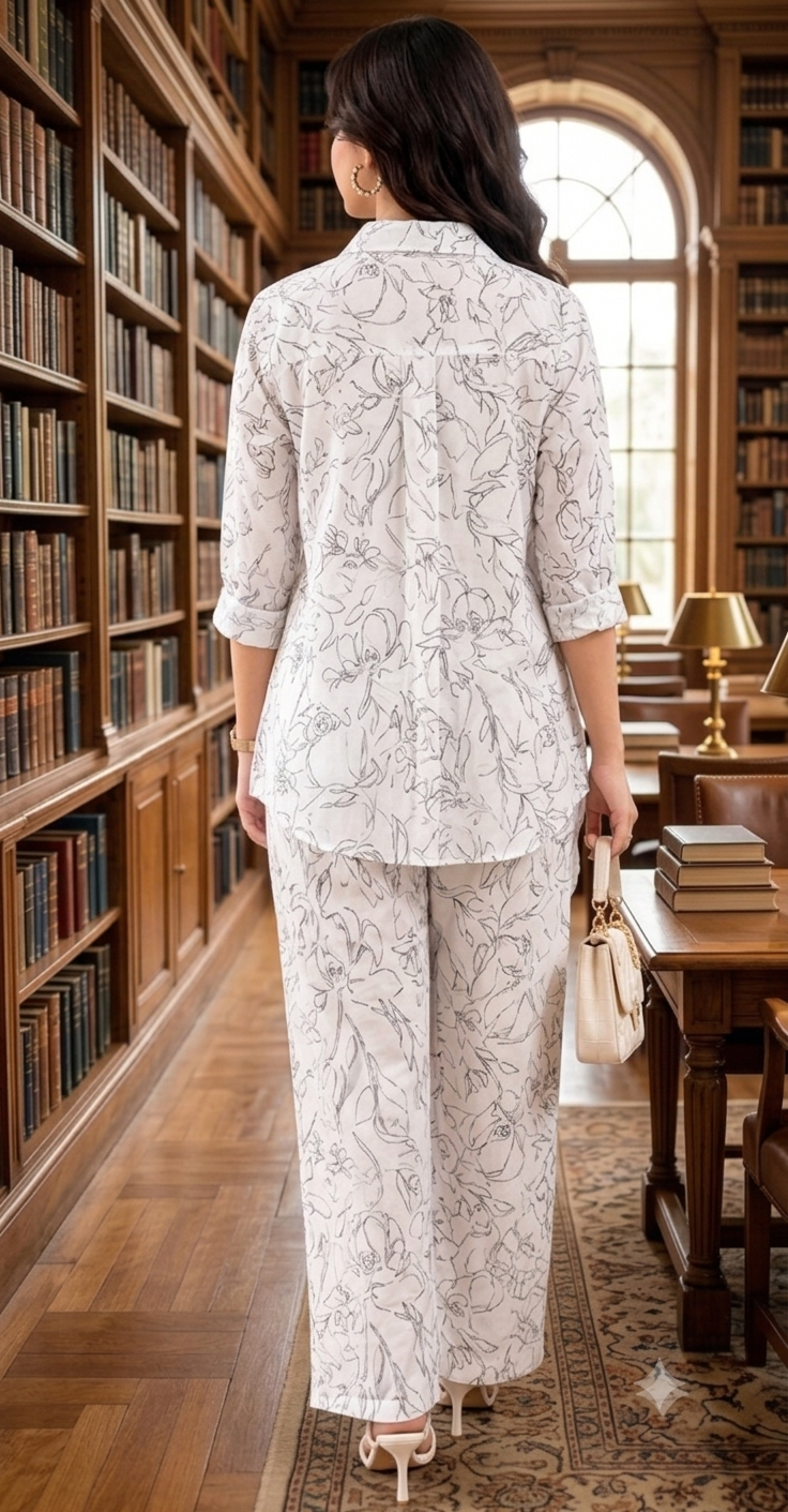 100% Linen Floral Printed Shirt & Wide Leg Pant Co-Ord Set, Loose Fit Casual Wear, 2 Side Pockets