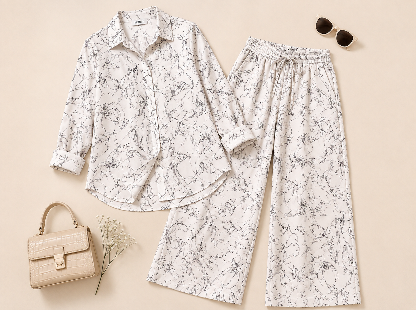 100% Linen Floral Printed Shirt & Wide Leg Pant Co-Ord Set, Loose Fit Casual Wear, 2 Side Pockets
