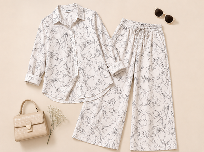 100% Linen Floral Printed Shirt & Wide Leg Pant Co-Ord Set, Loose Fit Casual Wear, 2 Side Pockets