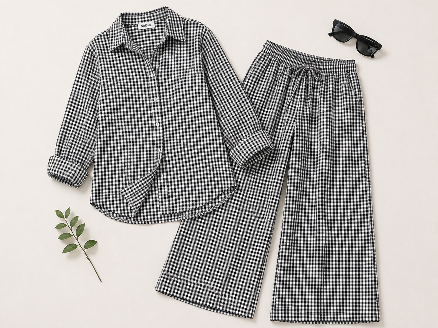 100% Linen Checkered Shirt & Wide Leg Pant Co-Ord Set, Loose Style Casual Outfit with Side Pockets