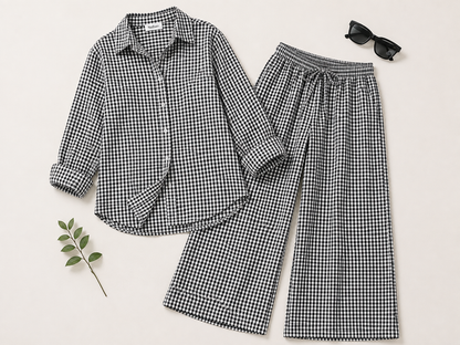100% Linen Checkered Shirt & Wide Leg Pant Co-Ord Set, Loose Style Casual Outfit with Side Pockets