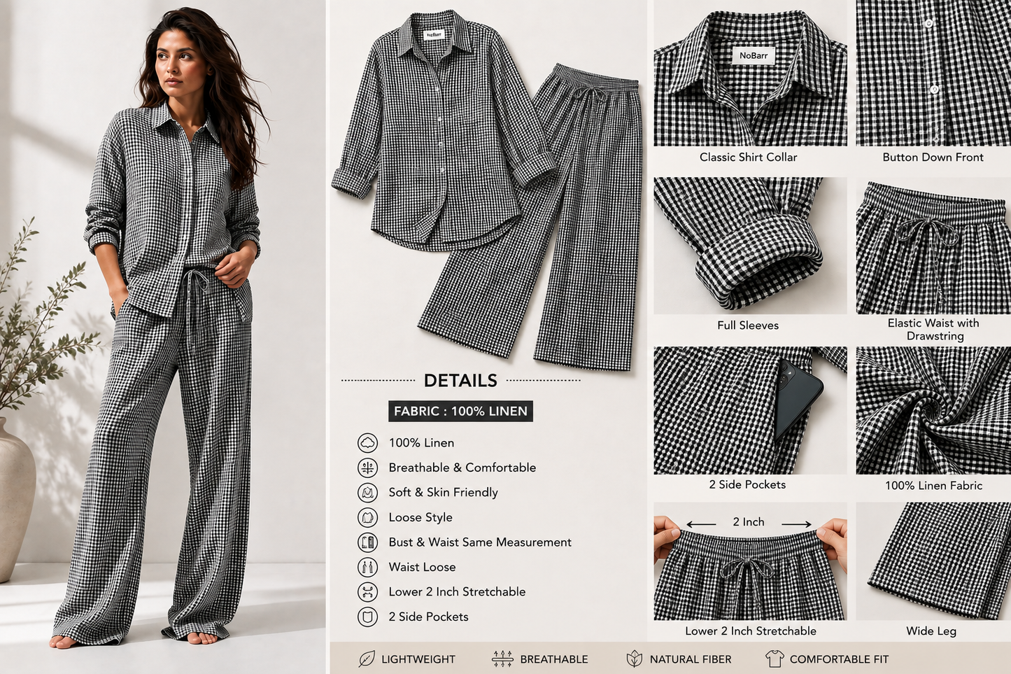 100% Linen Checkered Shirt & Wide Leg Pant Co-Ord Set, Loose Style Casual Outfit with Side Pockets