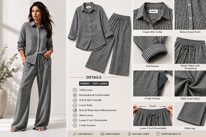 100% Linen Checkered Shirt & Wide Leg Pant Co-Ord Set, Loose Style Casual Outfit with Side Pockets