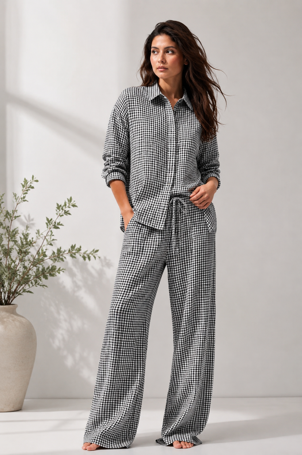 100% Linen Checkered Shirt & Wide Leg Pant Co-Ord Set, Loose Style Casual Outfit with Side Pockets