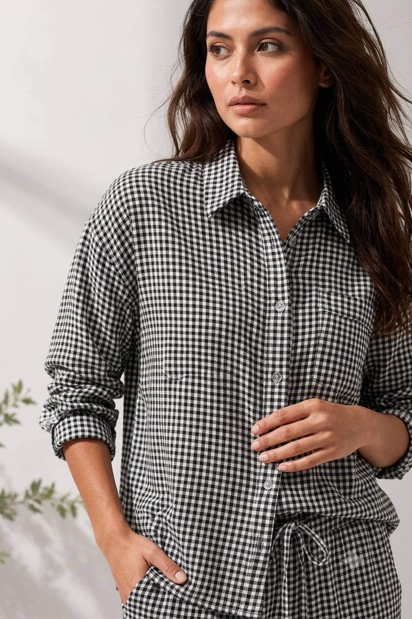 100% Linen Checkered Shirt & Wide Leg Pant Co-Ord Set, Loose Style Casual Outfit with Side Pockets