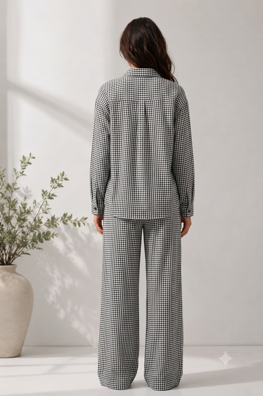 100% Linen Checkered Shirt & Wide Leg Pant Co-Ord Set, Loose Style Casual Outfit with Side Pockets