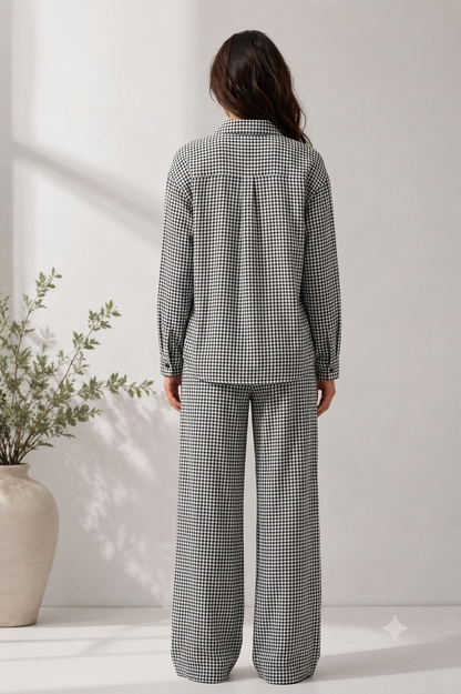 100% Linen Checkered Shirt & Wide Leg Pant Co-Ord Set, Loose Style Casual Outfit with Side Pockets