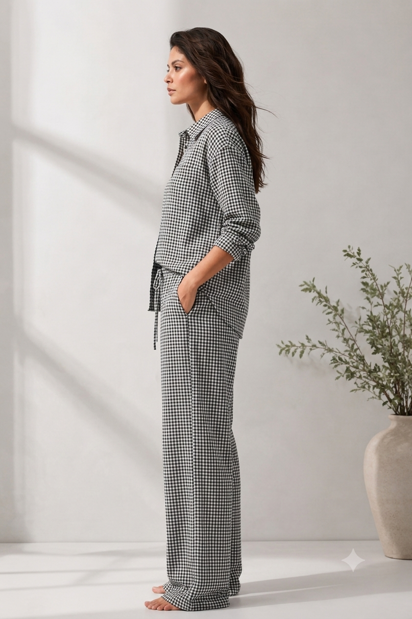 100% Linen Checkered Shirt & Wide Leg Pant Co-Ord Set, Loose Style Casual Outfit with Side Pockets