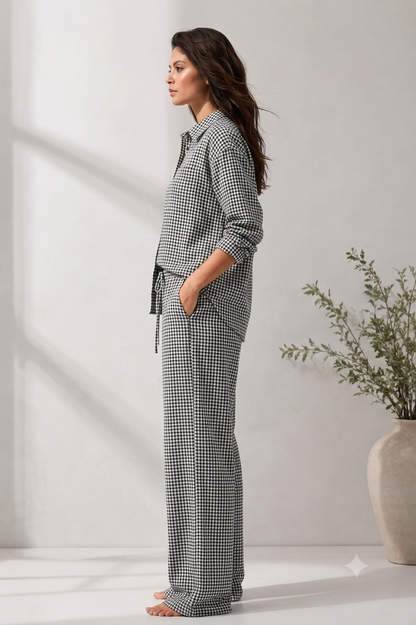 100% Linen Checkered Shirt & Wide Leg Pant Co-Ord Set, Loose Style Casual Outfit with Side Pockets