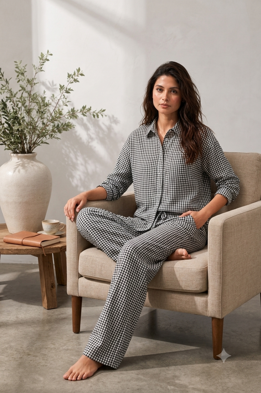 100% Linen Checkered Shirt & Wide Leg Pant Co-Ord Set, Loose Style Casual Outfit with Side Pockets
