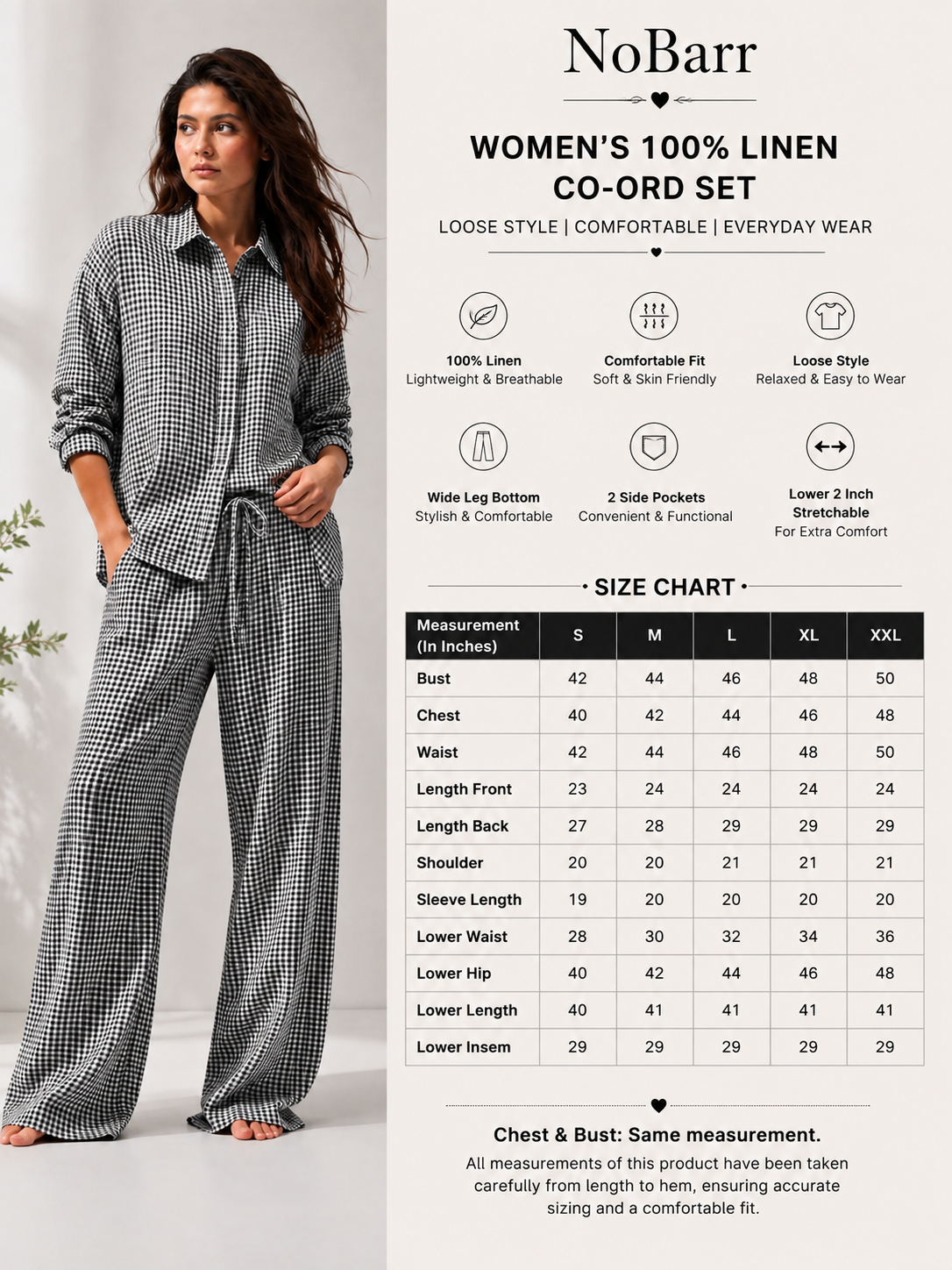 100% Linen Checkered Shirt & Wide Leg Pant Co-Ord Set, Loose Style Casual Outfit with Side Pockets