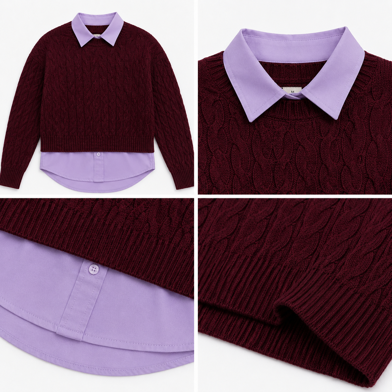 Wine Cable Knit Sweater | Soft & Warm Full Sleeve Pullover with Classic Collared Layered Look