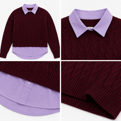 Wine Cable Knit Sweater | Soft & Warm Full Sleeve Pullover with Classic Collared Layered Look