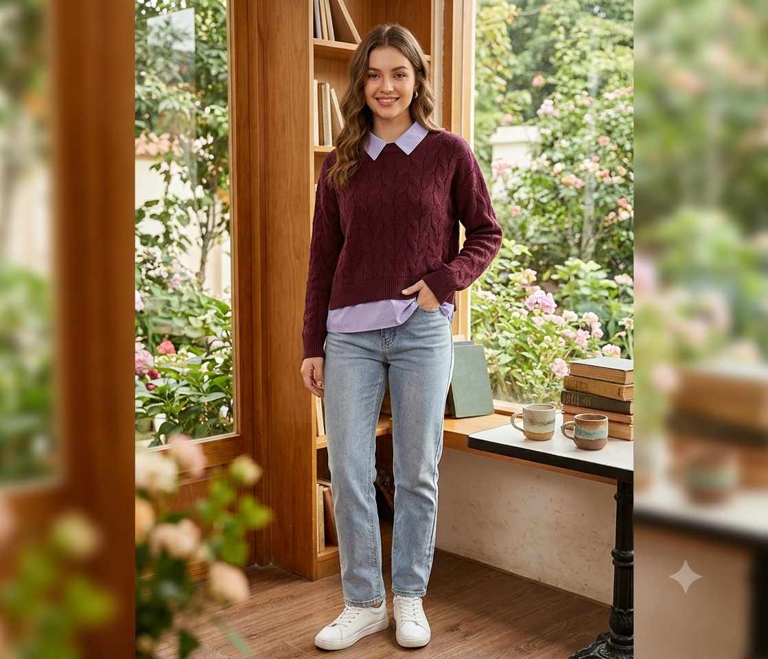 Wine Cable Knit Sweater | Soft & Warm Full Sleeve Pullover with Classic Collared Layered Look
