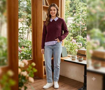 Wine Cable Knit Sweater | Soft & Warm Full Sleeve Pullover with Classic Collared Layered Look